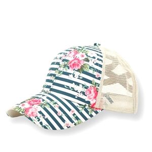 Stripe Floral Criss Cross Pony Cap